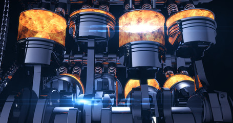 Wall Mural - Fuel Injected V8 Engine With Explosions. Pistons And Other Mechanical Parts - 3D Illustration Render