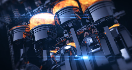 Poster - Power Hungry V8 Engine With Explosions. Pistons And Other Mechanical Parts - 3D Illustration Render