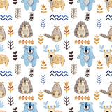 Watercolor seamless pattern with forest wildlife animals and herbs. Cute cartoon characters in scandinavian style. Best for textile, wallpaper, decoration, fabric, children design, wrapping paper