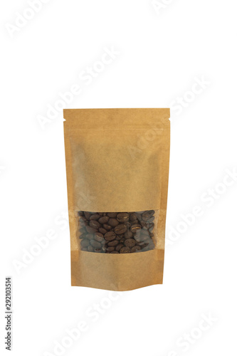 Download Brown Kraft Paper Pouch Bag With Coffee Beans Front View Isolated On A White Background Packaging PSD Mockup Templates