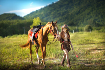 girl ride horse in farm