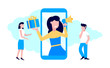 © Konstantin - Refer a friend flat style design vector illustration isolated on white background. Woman with megaphone and gift box standin up in the smartphone and shout out to the people.
