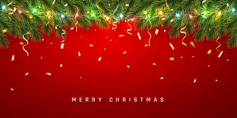 Wall Mural - festive christmas or new year background. christmas fir-tree branches with confetti and light garlan
