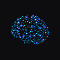 Sticker - Vector Glowing Human Brain Illustration, Neural Connections, Bright Blue Lights, Isolated.