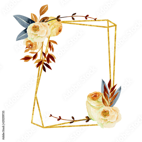 Download Geometric Golden Frame With Watercolor Roses Bouquets Hand Painted On A White Background Wedding Or Other Card Design Autumn Style Stock Illustration Adobe Stock