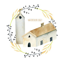 Watercolor Church Inside The Wreath, Hand Painted Isolated On A White Background