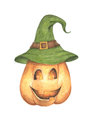 Halloween pumpkin wearing witch hat. Isolated on white background, for you design. Watercolor illustration. Happy halloween day.