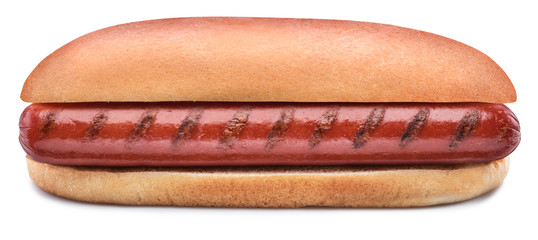 Wall Mural - Hot dog - grilled sausage in a bun isolated on white background.