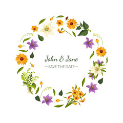 Poster - Save the Date Floral Round Frame with Beautiful Spring or Summer Flowers, Wedding Invitation Card Design Element Vector Illustration