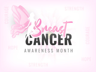 Sticker - Stylish text of Breast Cancer with fairy character on pink flower background for Awareness Month concept. Can be used as banner or poster design.