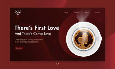 Sticker - Top view of coffee cup on brown background for Coffee Shop landing page design.