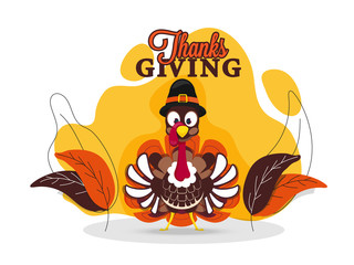 Sticker - Illustration of turkey wearing pilgrim hat with leaves on abstract background for Thanksgiving Day greeting card design.