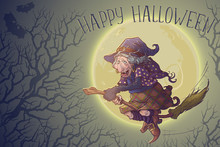 Halloween Witch Riding The Broom Through The Moonlit Forest Of Bare Trees. Comic Style Intricate Hand Drawing. Halloween Greeting Card. EPS10 Vector Illustration.