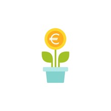 Plant In Pot With Green Leaves And Euro Coin As A Flower. Vector Icon. Income Growth Flat Icon.