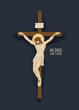 Vector banner with crucifix and the words He died that I lived. Religious illustration with cross and crucifixion. Jesus Christ, the Son of God, a Catholic symbol. INRI