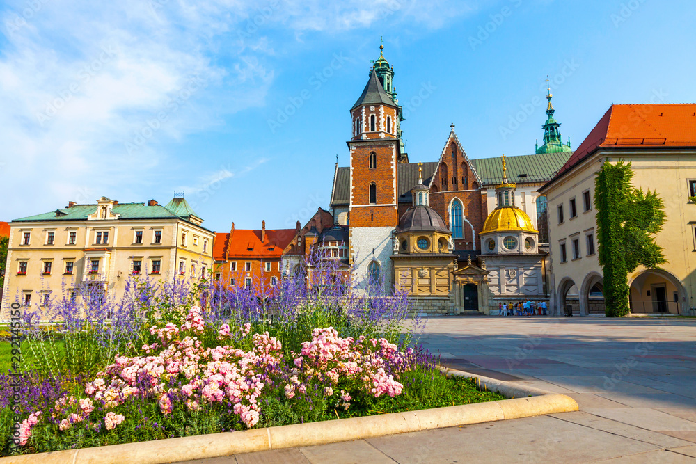 Wawel Cathedral or The Royal Archcathedral Basilica of Saints Stanislaus and Wenceslaus on the Wawel Hill, part of Wawel Royal Castle complex in Krakow, Poland - obrazy, fototapety, plakaty 