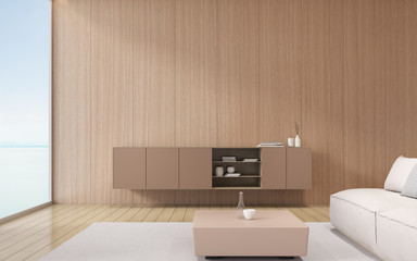 Poster - View of living room in minimal style with sofa and small cabinet on timber laminate wall.Perspective of luxury interior design on sea view background. 3d rendering.	