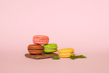 Macaroon On A Pink Background With Ice Cream And Chocolate Sweet Dessert