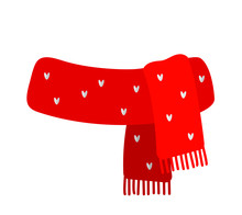 Red Knitted Scarf With A Drawing. Flat Vector