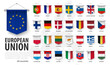 © stockdevil - European union flags and membership . 3D realistic pennant hanging design . White isolated background and europe map . Vector .