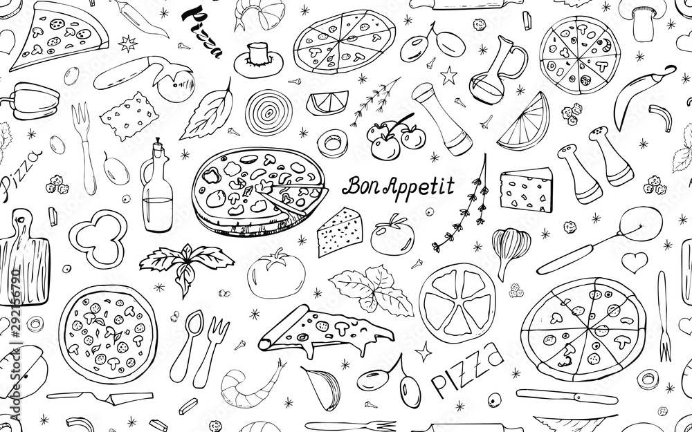 Vector background with pizza and snacks. Useful for packaging, menu design and interior decoration. Hand drawn doodles. Seamless pattern of food and pizza elements on white background.