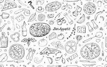 Vector Background With Pizza And Snacks. Useful For Packaging, Menu Design And Interior Decoration. Hand Drawn Doodles.  Seamless Pattern Of Food And Pizza Elements On White Background.