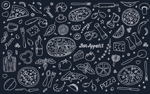 Vector Background With Pizza And Snacks. Useful For Packaging, Menu Design And Interior Decoration. Hand Drawn Doodles.  Set Of Food And Pizza Elements On Black Background.