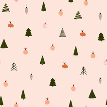 Abstract Trendy Christmas New Year Winter Holiday Seamless Pattern With Xmas Trees Balls