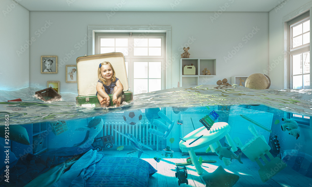 girl sitting inside a vintage suitcase floats on water - obrazy, fototapety, plakaty 