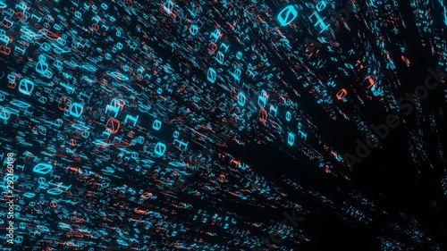 Fotomural 3D Rendering of abstract binary data in glowing blue and red color