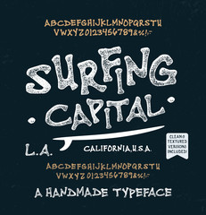 Wall Mural - Retro Styled Surf  Font. Vintage Hand Drawn Modern Typeface.  Original Letters and Numbers. Clean & Textured Versions Included.  Vector