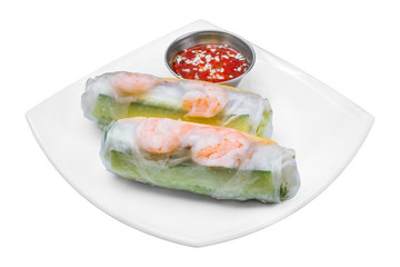 Canvas Print - Fresh Spring Roll with shrimps on white background isolated, Vietnamese Food