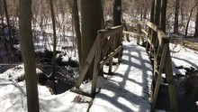 Snow Covered Wooden Foot Bridge Over A Small Stream With Fast Running   Water On A Trail Through A Forest With Many Trees. The Stream Is Seen To  Be Flowing Quickly