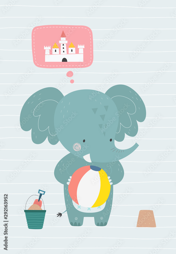 Elephant on the beach. Vector illustration in a scandinavian style. Funny poster. - obrazy, fototapety, plakaty 