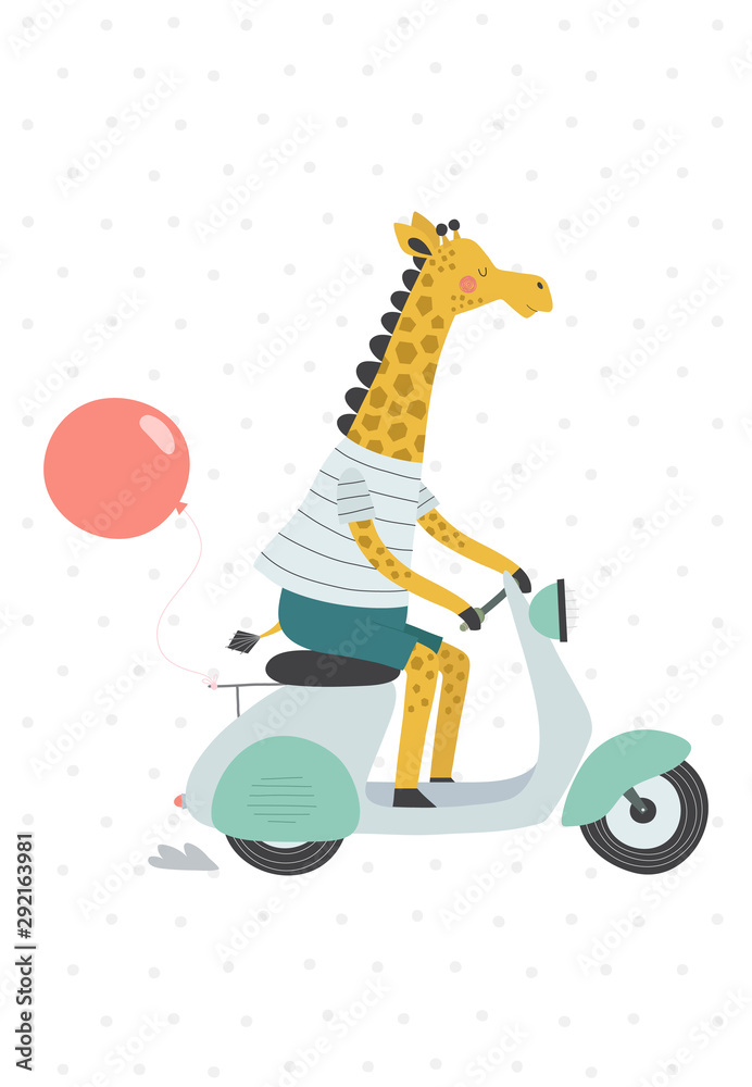 Giraffe on a scooter with a balloon. Vector illustration in a scandinavian style. - obrazy, fototapety, plakaty 