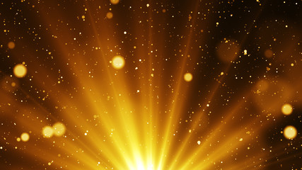 Poster - Golden abstract background with shinning particles and glitter sparks come from light at the bottom. 