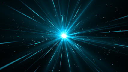 Poster - blue burst in center with beams of light and particles. magic rays with dust.