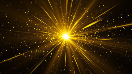 Wall Mural - Golden beams of light with particles go from center. Abstract background for holiday and celebration. Golden magic sparkles.