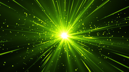 Poster - Green abstract background with beams of light come from center. Green magic shine with particles.