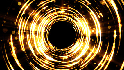 Poster - Golden background for celebration with particles and light circles. Shiny abstract tunnel with ring.