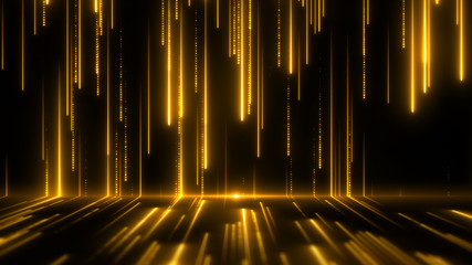 Poster - Luxury space. Wall of glitter particles. Bright golden neon rays moving on the floor. Glamour surface abstract background.