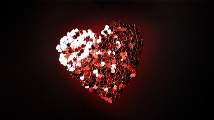 Canvas Print - A lot of small red confetti hearts laid out on a black background in a big heart. Place for text. Holiday concept.