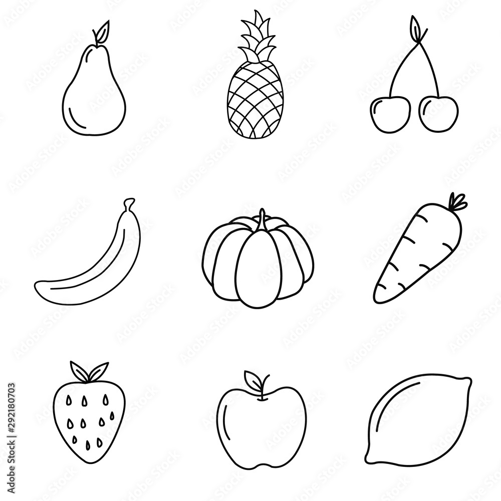 Set of flat fruits and vegetables icons drawing with black lines on white  background Stock Vector | Adobe Stock, image size:1000x1000
