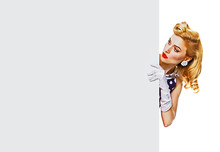 Portrait Of Beautiful Blond Girl In Pin Up Style, Showing Blank Signboard With Copy Space Area For Some Text, Slogan Or Advertising, Isolated Over White