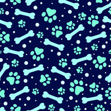 Seamless Pattern Paw Print And Bone. Blue Background. Vector Illustration