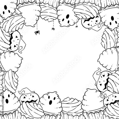 Coloring Page Frame With Halloween Cupcakes Cream Bat Pumpkin Holiday Antistress For Adults And Children Frame For Holiday Party Card Invite Stock Illustration Adobe Stock