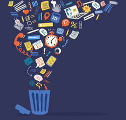 Trendy flat information icons going into a garbage basket. Concept illustration of digital hygiene, input overload and digital detox. Banner template on the dark background.