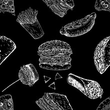 Seamless Pattern Of Hand Drawn Sketch Style Fast Food Isolated On Black Background. Vector Illustration.