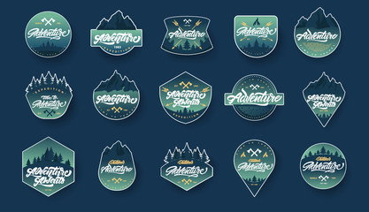  Adventure lettering set logos or emblems with gradient. Vintage logotype with mountains, bonfires and arrows. Vector signs for your design.