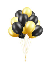 Balloons bunch isolated on white background. Glossy gold and black 3D realistic helium balloons. Vector concept for banner, cards and other designs.